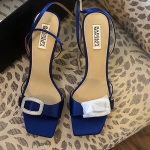 Badgley Mischka Royal Blue Satin Heels with Crystal Buckle